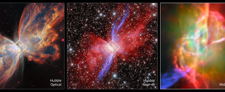 Butterfly Nebula NGC 6302 (Hubble and Webb + ALMA images, side by side)