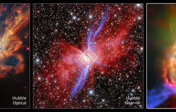 Butterfly Nebula NGC 6302 (Hubble and Webb + ALMA images, side by side)